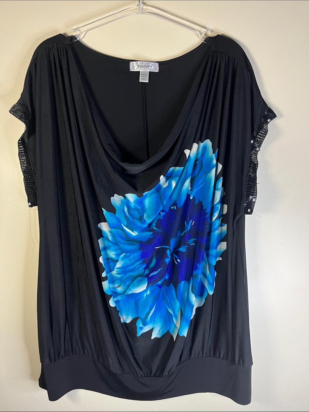 dressbarn Black Tunic with Blue Floral Drape Front